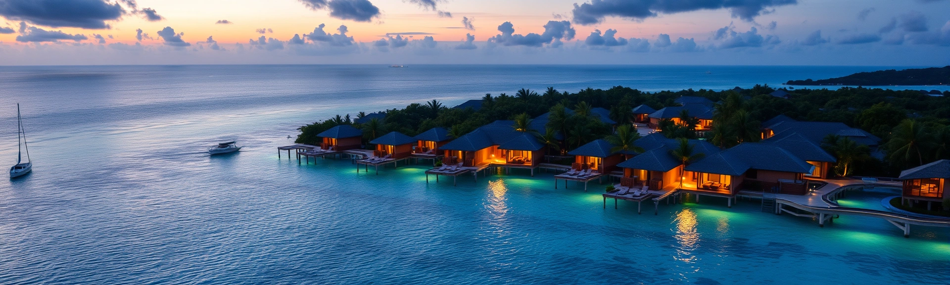 Azure Cay resort illuminated at twilight with overwater bungalows glowing over the Caribbean Sea