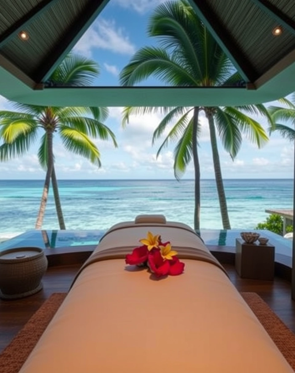 Open-air spa treatment room overlooking the Caribbean Sea